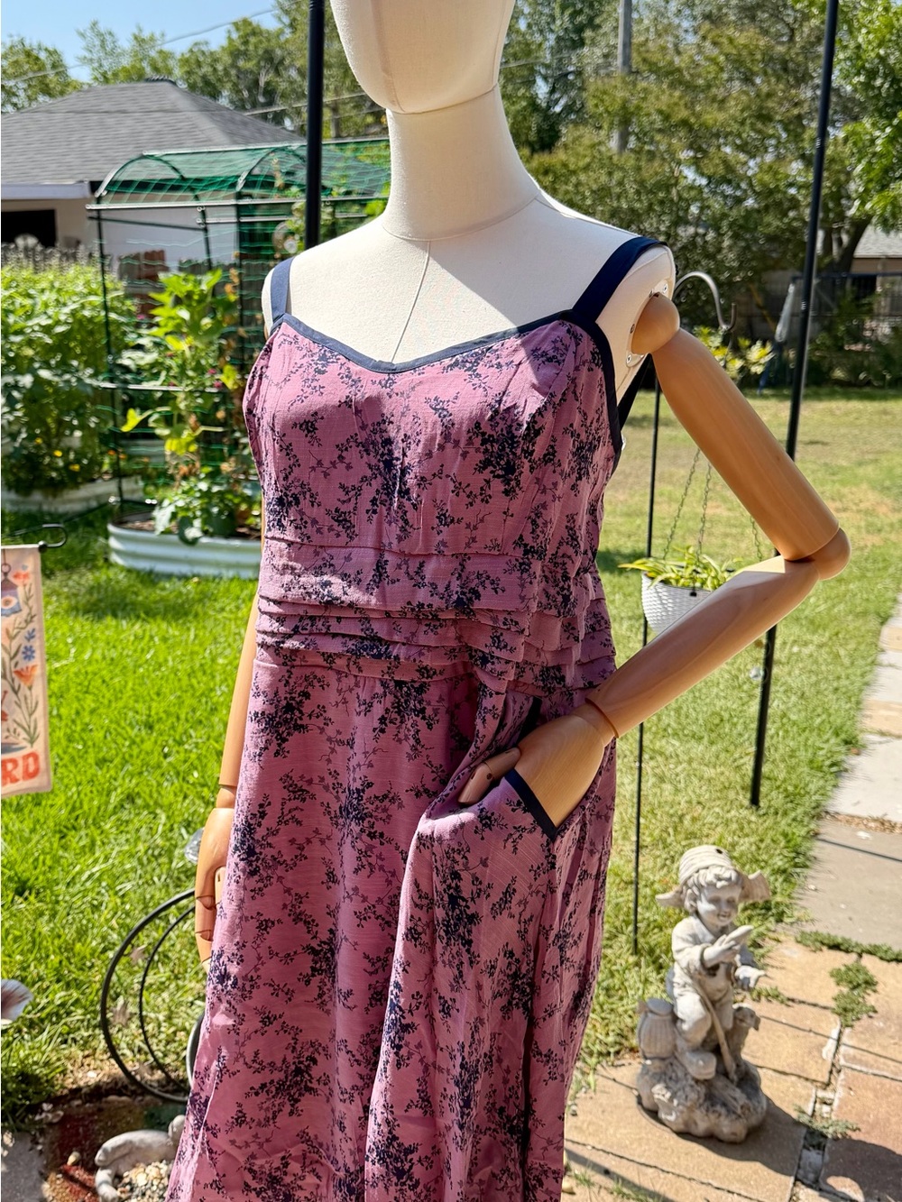 Unique Vintage Dusty Pink Floral Midi Dress with Navy Trim